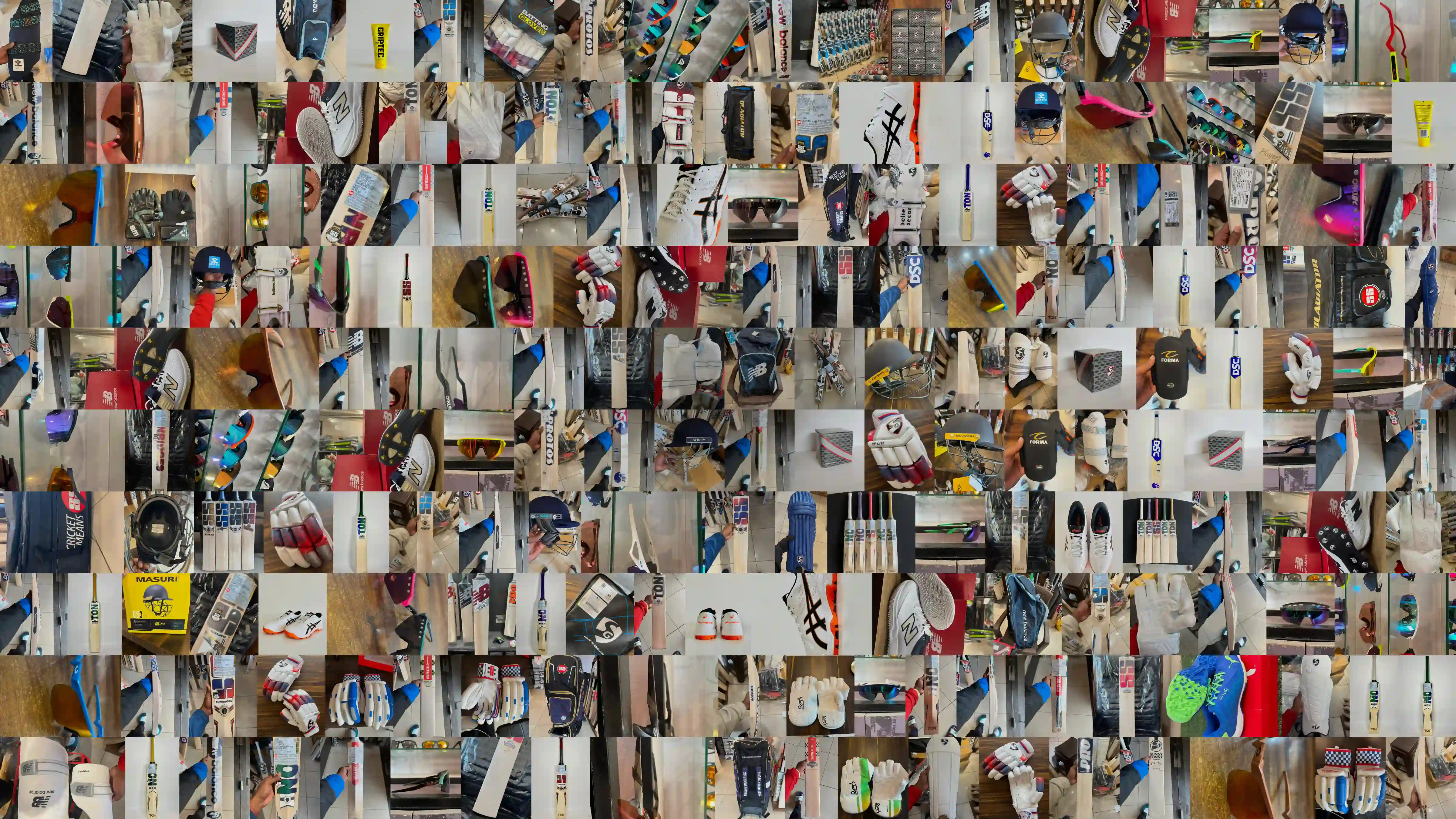 Collage of hundreds of photos of real cricket bats, shoes, helmets and gear