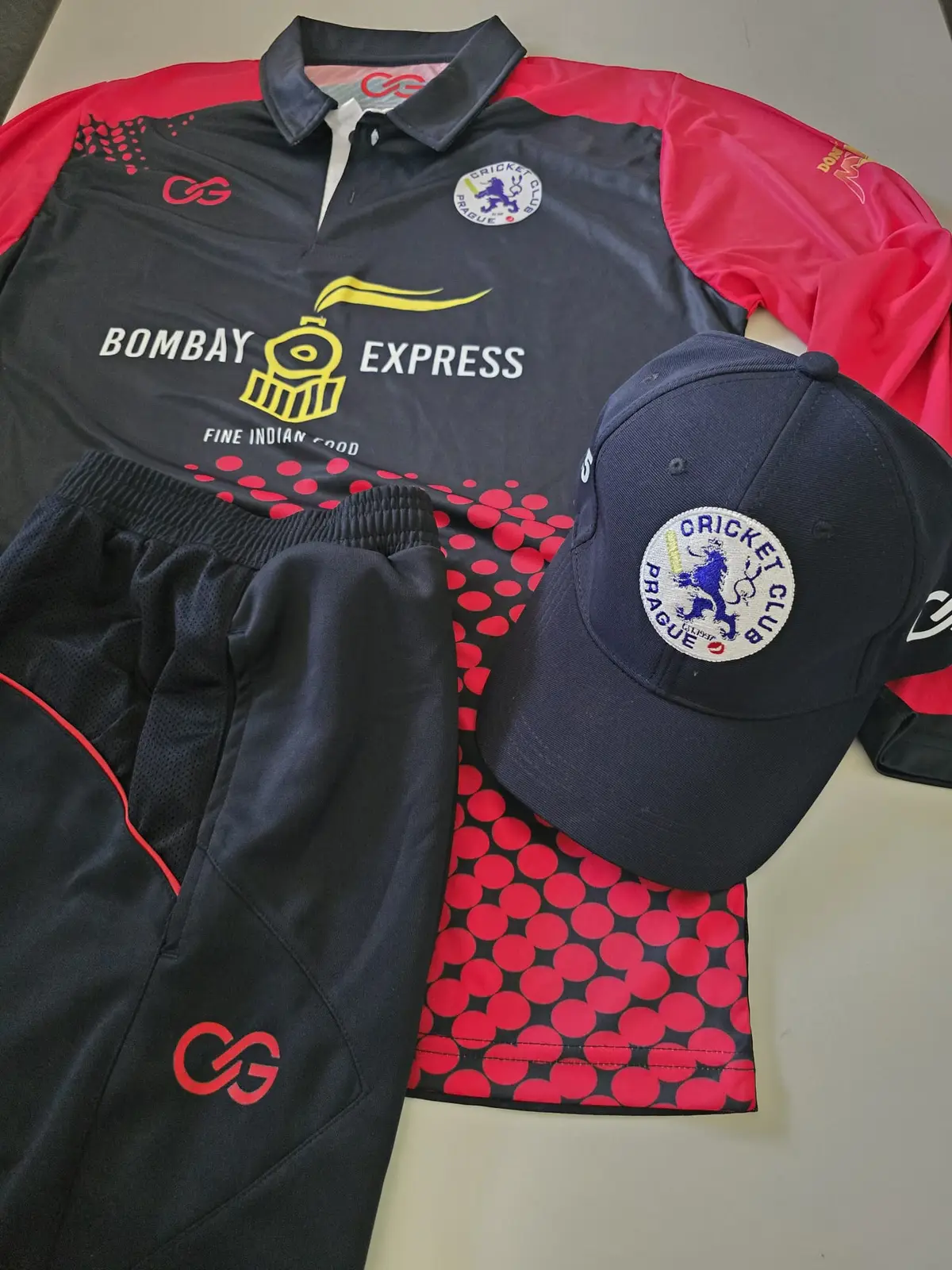 Cricket Club Prague match kit sourced through CricketGear: jersey, cap and trousers